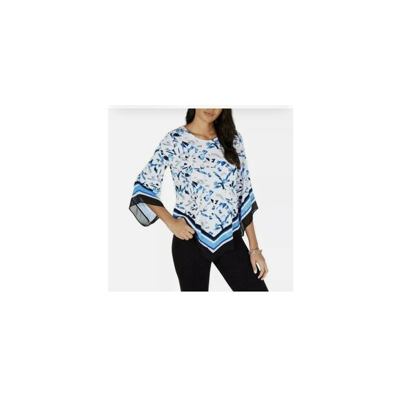 Alfani women's blouse PL Cobalt Broken Mirror Print Bell Sleeve handkerchief - Picture 1 of 16